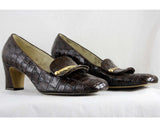 Size 8 1960s Shoes - Dark Brown Faux Alligator Pumps - Mod 60s Vegan Shoes with Brassy Gold Details - AA Narrow Width - Unworn NOS Deadstock