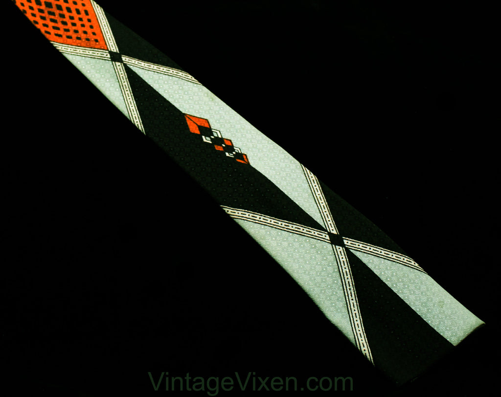 1950s Men's Square End Tie - Retro 1940s 50s Necktie - Deco Diamonds Atomic Novelty Print - Copper Brown Charcoal Gray Celadon Green Brocade