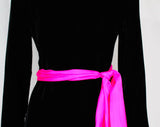 Size 10 Designer Cocktail Dress - 1960s Black Velvet Flapper Chic with Pink Silk Sash - Medium Long Sleeved - Oscar de la Renta - Bust 38