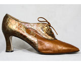 Size 9.5 Antique Style Shoes - Faux Alligator Caramel Brown Leather Heels - Bronze Gold Metallic Lace Up Oxford Pumps by Desiree - Point Toe