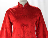 Medium 1940s Asian Jacket - Scarlet Red Silk Satin - 40s Far East Chic with Mandarin Collar - 3/4 Wide Sleeve - House of Ming - Bust 41