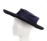 1950s Navy Wide Brim Hat - Chic Dark Blue Faux Straw with Tulle & Goldtone Leaves - Spring Summer Millinery 50s Cartwheel Picture Hat