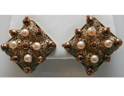 Ornate 1950s Square Filigree Clip Earrings - Fall - Goldtone - Gold Color Metal - Dimensional - Lacy Metalwork - Brown - Brass - 32943