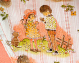Girl's Size 12 Mini Dress - 1960s 70s Peach Summer Go Go Style - Quaint Playful Children's Garden Novelty Print - Puff Sleeves - PreTeen