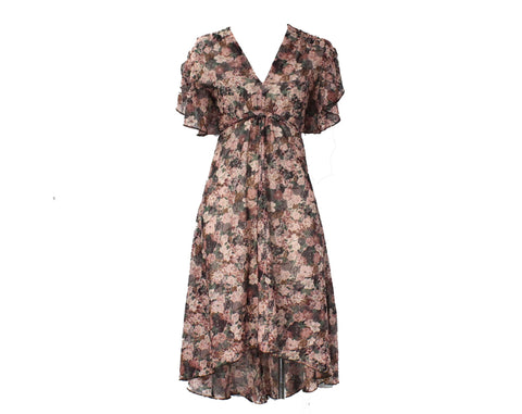 Size 0 Garden Party Dress - 1970s Sheer Mauve Pink Floral Sun Dress with High Low Hem - 30s Look XS Summer Frock - Flutter Sleeves - Bust 31