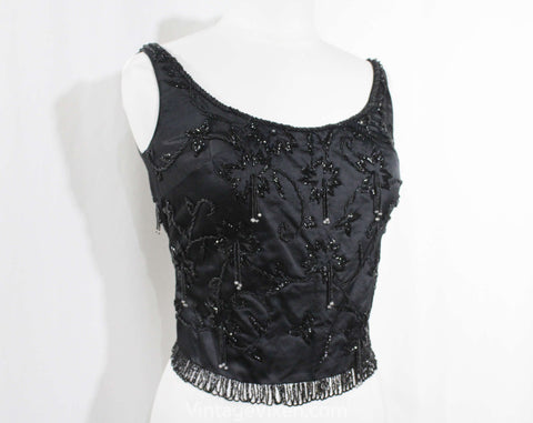 Size 10 Beaded Formal Top - Marilyn Chic 50s 60s Evening Cocktail Party Black Satin Sleeveless Bodice - Gorgeous Beadwork & Fringe - Bust 36