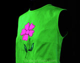 Size 8 1960s Summer Dress - Lime Green Cotton Sleeveless Sheath with Pink & Yellow Daisy Flower Appliques - Bright and Sunny - Bust 36
