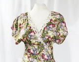 Size 6 Retro Dress - Charming 1930s Inspired 90s Full Skirted Dress - Violet Gray Sage Green Purple Bias Cut Floral Rayon - Waist to 30