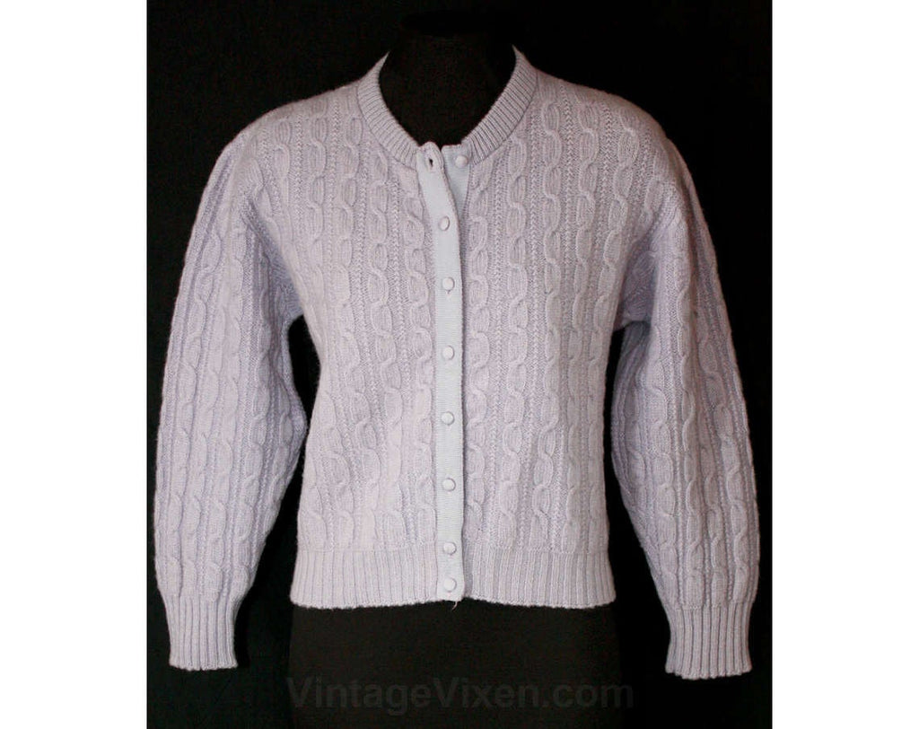 Large Lavender Cardigan - Classic 1950s Lilac Cabled Wool Knit - Size 14 Light Purple Spring 50s Button Front Sweater - Bust 40.5 - 36142-1