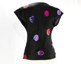Size 6 Silk Top - Late 1970s Black Dots Print Sexy Shirt - Small 70s Cap Sleeve Blouse - Red Purple Pink - Basile Italy - Bust 34 - 50079