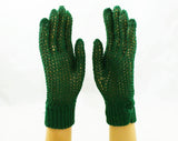 1930s Crochet Gloves - Pair of Green Gloves - 30s 40s Hand Crocheted - Pine Green Hue - Stretchy & Soft Silky Rayon - Ribbed Wrists - 47972