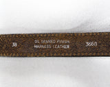 Men's Large Leather Belt with Brass Guitar Buckle - 1960s 70s Dark Brown Tooled Look - Western Cowboy Rock Star - Waist 38 to 40 - 50635
