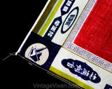 50s Asian Travel Theme Cotton Scarf - Japanese Tourist Sites - Buddhist Statue - 1950s 60s Red Souvenir Fabric Panel - Eastern Textile Art