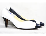 Size 10 Unworn Navy & White Leather Pumps - 1980s Dark Blue Faux Snakeskin Shoes - 1950s Inspired Two Tone Heels - 10M 80s NOS Deadstock