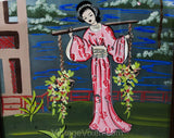 Pair Large Framed Pictures - 1940s Japanese Kimono Ladies - Hand Painted Eastern Garden Scenes - Pink Green Silver 40s WWII Era Boudoir Art