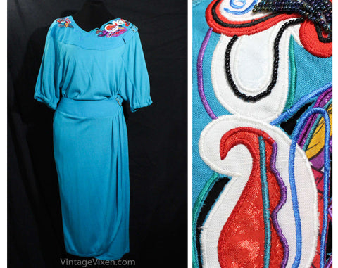 Size 10 Designer Dress Set - 1990s Marc D'Alcy - Turquoise Blue Jersey Knit Top & Wrap Skirt - Beaded Red Purple Paisley Appliques - Buckles