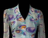 Size 6 Mini Dress - 1960s Seashells Novelty Print Sky Blue & Lavender Dollybird Dress - Cute 60s 70s Go-Go Girl - Very Short Skirt - Bust 34