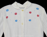 Size 4T Girl's 1950s Shirt - Toddler's Winter White Long Sleeve Button Front Top with Red and Blue Alpine Flowers - NOS Deadstock - Chest 26