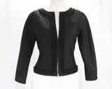 Size 10 Black Jacket - 1950s Sharp Tailored Crop Waist Blazer - 3/4 Sleeve - Elegant 50s 60s Wool & Braid - Chic Custom Feel - Bust 36