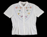 Size 6 Girl's Blouse with Butterfly Embroidery - 1950s Girls Shirt - Summer Short Sleeve 50s White Cotton Child's Top - Colorful Butterflies