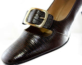 Size 8 Narrow Shoes - Unworn Classic Dark Brown Faux Reptile Leather Pumps - 60s Ruddy Reptilian Two-Tone - Buckles - 1960s Deadstock Shoe