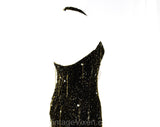 XXS 1990s Beaded Halter Dress - Black Silk Chiffon Size 0 Party Cocktail with Gold Beads & Fringe - Sexy Savage Jagged Hem - Bust 33.5