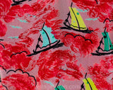XS 1940s Pink Silk Dress - Gorgeous 40s 50s Sailboat Novelty Print - Off Shoulder Summer Frock - Coral Green Blue Yellow - Waist 24.5