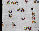 Chickens Roosters Novelty Print Jersey Knit Fabric - 2 Yards x 56 Inches - Thin Pale Blue Red Orange Spring Green - Cute Farm Animal 60s 70s