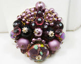 Exquisite Purple Collage Pin & Earrings - 1950s 1960s Unique Demi Parure - Lampwork Beads - Millefiore Glass - Metal Stars - Brooch - 42632