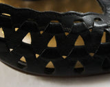 Size 7 Shoes - Sexy 1980s Brazilian Peep Toe Sandals - Black Cutout Leather Huarache Style - 3 Inch Date Night Heels - Unworn 80s Deadstock