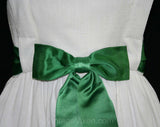Size 6 Summer Dress - Mollie Parnis 1960s White Linen Sun Dress - Emerald Green Satin Sash - 1960s Designer Deadstock - NWT - Waist 26.5