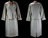Size 6 1940s 50s Suit - Grey Wool Tailored Jacket & Skirt - Flax Braid and Red Fringe - Paisley Corsage and Matching Flash Lining - Waist 26