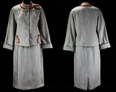 Size 6 1940s 50s Suit - Grey Wool Tailored Jacket & Skirt - Flax Braid and Red Fringe - Paisley Corsage and Matching Flash Lining - Waist 26