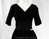 Size 6 Black 1950s Cocktail Dress - Small Marilyn Style 50s Fitted Crepe Bombshell with Pleated Taffeta Torso & Rhinestone Swag - Waist 26
