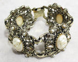 1950s Victorian Inspired Bracelet - 50s Baroque Faux Pearls Panel Bracelet - Antique Look Filigree Metal - White Gold Champagne - 50451