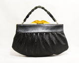 1930s Art Deco Purse - Authentic 30s Black Faux Leather Bag with Carved Amber Plastic Clasp - Rare Depression Era Handbag - As Is - 50239