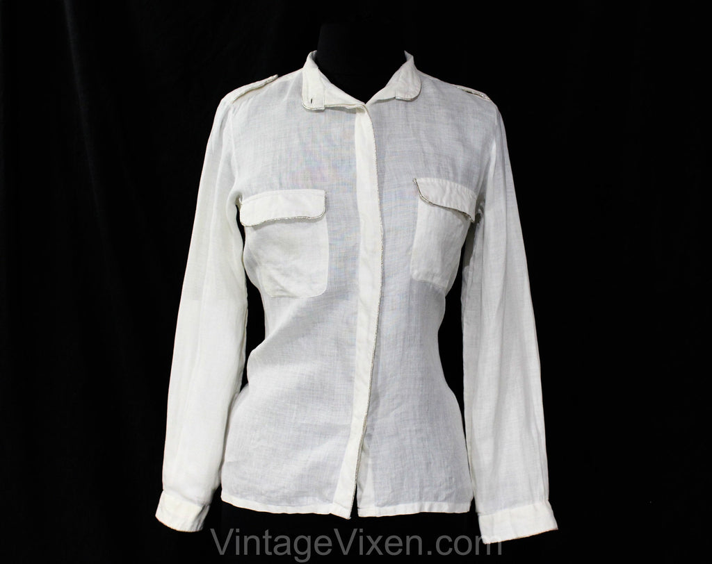 Size 6 White Linen Shirt with Silver Trim - 1980s Disco Chic Long Sleeved Top - 70s 80s Sexy Street Wear Blouse - Safari Epaulets - Bust 36