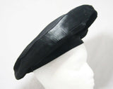 1940s Pancake Hat - Dramatic Tall Tilt Style 40s Millinery - WWII Era Black Felt & Satin Trim - Large Design Like Beret - Richard Original