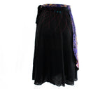 Size 10 1970s Wrap Skirt - Casual 70s Medium Black Jeweltone Deco Floral Cotton - Summer Gypsy - Rouge Turquoise Purple Gold - Waist to 30