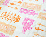 Old World Artifacts Scarf - Pink Orange White Silk - 1960s Novelty Print by Vera Neumann - Baking Implements & Chocolate Molds - 26 Inches