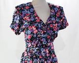 Size 8 Retro Dress - 1930s Inspired Floral Full Skirted Dress - Black Pink Purple Blue Emerald Green - 1990s Era Short Sleeve - Waist 25-29