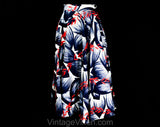 Size 6 1950s Tropical Skirt - Navy & Red Vine Leaves Botanical Print Cotton - 40s 50s Full Summer Tiki Chic - 3/4 Circle Fullness - Waist 26