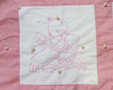 As Is Pink 1940s Childs Quilt - Hand-Sewn & Hand-Embroidered Baby Coverlet - Adorable Kewpie Embroidered Scenes - Large Size 33 x 43 Inches