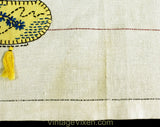 Asian Lanterns Tablecloth - 40s 50s Eastern Garden Origami Lights Embroidery on Square Linen Bridge Table Cloth - Yellow White Blue Pockets