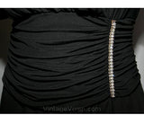 Size 6 Black Dress -Vintage Vixen Cocktail with Wrap Style Rhinestone Waist - 1940s Inspired Jersey Dress - 80s Does 40s - Bust 34 - 31614