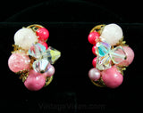 60s Coral Pink & Orange Earrings - Summer Late 1950s Clip Style Cluster Earrings - Crackle Glass Beads - Art Collage Jewelry - 42414