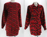 Size 2 Designer Mini Dress - Guy Laroche - 3 Piece Shirt, Jacket, & Mini Skirt - Edgy Red Black Primitive Wool Challis Ensemble - Hip 34