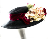 1940s Black Picture Hat with Pink Flowers & Velvet Ribbon - Girlish 40s Spring Cartwheel Wide Brim - Estate of Hollywood Starlet Gladys Glad