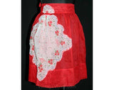 Charming 50s Sheer Red Apron with Handkerchief Pocket - Size Large - Waist 30 to 34 - Half Apron - Floral Roses - Cottage Chic - 40923