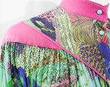 Size 8 Tropical Dress - Designer 80s Macaw Birds Novelty Print Cotton Gauze - Orchid Purple Sea Green - Resort Chic Louis Feraud - Waist 30
